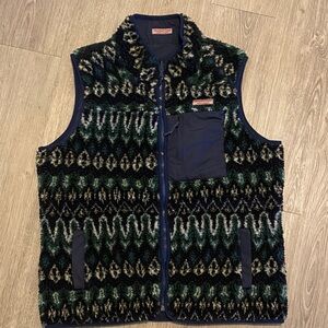 Patagonia navy Blue and Green Patterned Fleece Vest- reversible